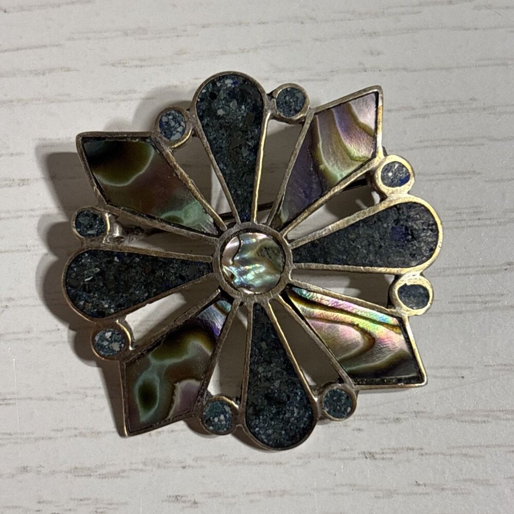 Vintage Taxco Mexican Sterling Silver 925 Abalone Inlay Starburst Brooch CAM